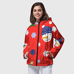 Ветровка с капюшоном женская Новогодний узор со снеговиком и снежинками, цвет: 3D-черный — фото 2