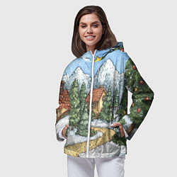 Ветровка с капюшоном женская Новогодний пейзаж, цвет: 3D-белый — фото 2