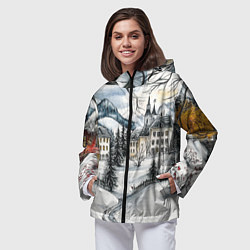 Ветровка с капюшоном женская Заснеженный старый город, цвет: 3D-черный — фото 2
