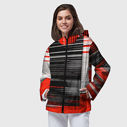 Ветровка с капюшоном женская Белые вертикальные полосы на чёрно-красном фоне, цвет: 3D-черный — фото 2