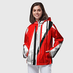 Ветровка с капюшоном женская Чёрно-белые вертикальные полосы на красном фоне, цвет: 3D-белый — фото 2