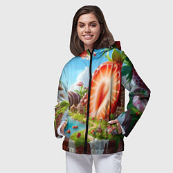 Ветровка с капюшоном женская Клубничная планета - нейроарт фантазия, цвет: 3D-черный — фото 2