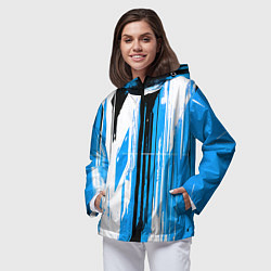 Ветровка с капюшоном женская Вертикальные чёрно-белые линии на синем фоне, цвет: 3D-черный — фото 2