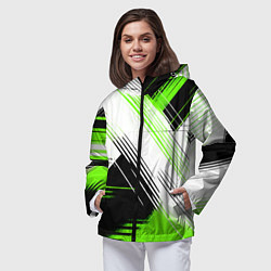 Ветровка с капюшоном женская Диагональные бело-зелёные линии на чёрном фоне, цвет: 3D-черный — фото 2