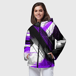 Ветровка с капюшоном женская Диагональные фиолетово-чёрные линии на белом фоне, цвет: 3D-черный — фото 2