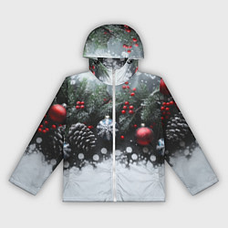 Ветровка с капюшоном женская Елочные игрушки и снег, цвет: 3D-белый