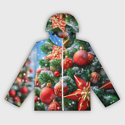 Ветровка с капюшоном женская Красные шары и звезда новогодняя, цвет: 3D-белый