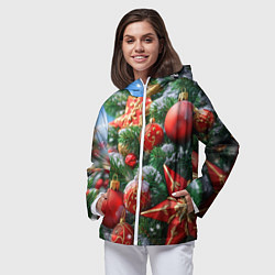 Ветровка с капюшоном женская Красные шары и звезда новогодняя, цвет: 3D-белый — фото 2