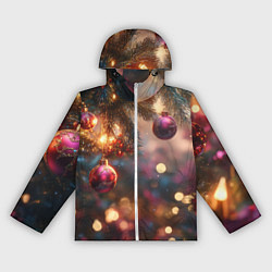 Ветровка с капюшоном женская Фиолетовые новогодние шары, цвет: 3D-белый