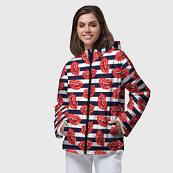 Ветровка с капюшоном женская Женские губы с красной блестящей помадой на полоса, цвет: 3D-черный — фото 2