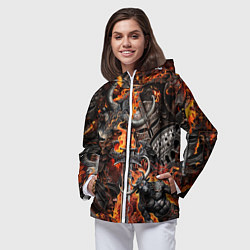 Ветровка с капюшоном женская Гладиатор и минотавр на фоне огня мечей и щитов, цвет: 3D-белый — фото 2