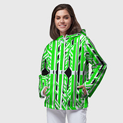 Ветровка с капюшоном женская Бело-зелёные техно полосы на чёрном фоне, цвет: 3D-белый — фото 2