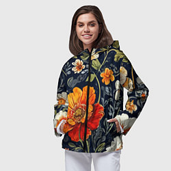 Ветровка с капюшоном женская Маки и пионы старинный паттерн, цвет: 3D-черный — фото 2