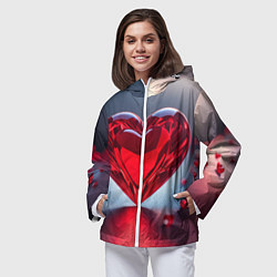 Ветровка с капюшоном женская Хрустальное красное сердце на сером фоне с боке, цвет: 3D-белый — фото 2