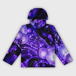 Ветровка с капюшоном женская Силуэты цветов на темном фоне - фиолетовое свечени, цвет: 3D-черный