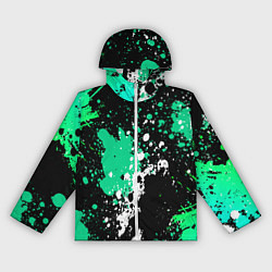 Ветровка с капюшоном женская Брызги бирюзовых и белых красок на черном, цвет: 3D-белый