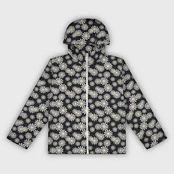 Ветровка с капюшоном женская Белые цветы ромашки на черном в мелкий горошек, цвет: 3D-белый