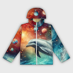 Ветровка с капюшоном женская Галактический дельфин - неоновый космос, цвет: 3D-белый