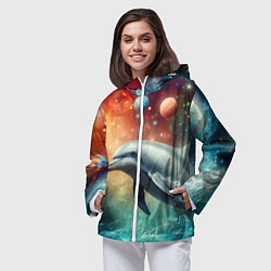 Ветровка с капюшоном женская Галактический дельфин - неоновый космос, цвет: 3D-белый — фото 2
