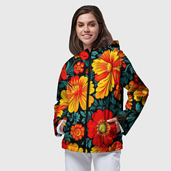 Ветровка с капюшоном женская Русская хохлома с цветами, цвет: 3D-черный — фото 2