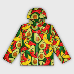 Ветровка с капюшоном женская Авокадо, бананы, перцы чили улыбаются - паттерн фр, цвет: 3D-белый
