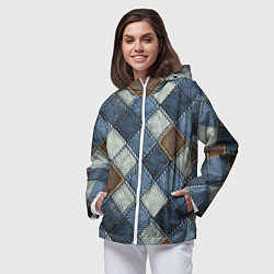Ветровка с капюшоном женская Джинсовый пэчворк ромбовый узор, цвет: 3D-белый — фото 2