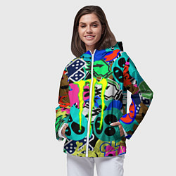 Ветровка с капюшоном женская Monster energy стикеры, цвет: 3D-белый — фото 2