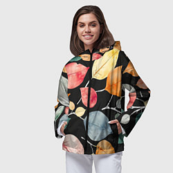 Ветровка с капюшоном женская Разноцветные акварельные листья на чёрном, AI, цвет: 3D-черный — фото 2