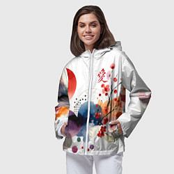 Ветровка с капюшоном женская Абстрактный Японский паттерн и иероглиф любовь, цвет: 3D-белый — фото 2
