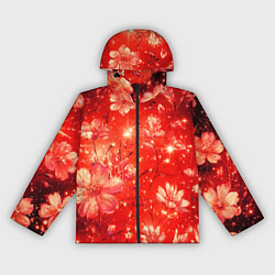 Ветровка с капюшоном женская Цветочный красный с искрами, цвет: 3D-черный