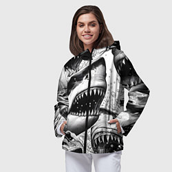 Ветровка с капюшоном женская Белая акула - стая, цвет: 3D-черный — фото 2