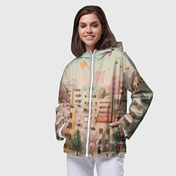 Ветровка с капюшоном женская Объемный новогодний город, цвет: 3D-белый — фото 2
